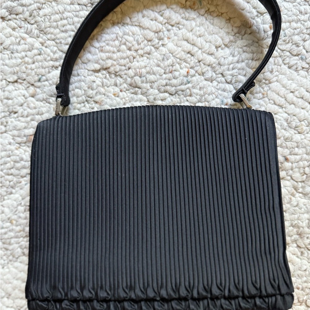 Vintage Black Satin Pleated Evening Bag Beaded Ruffled Trim Satin Handle